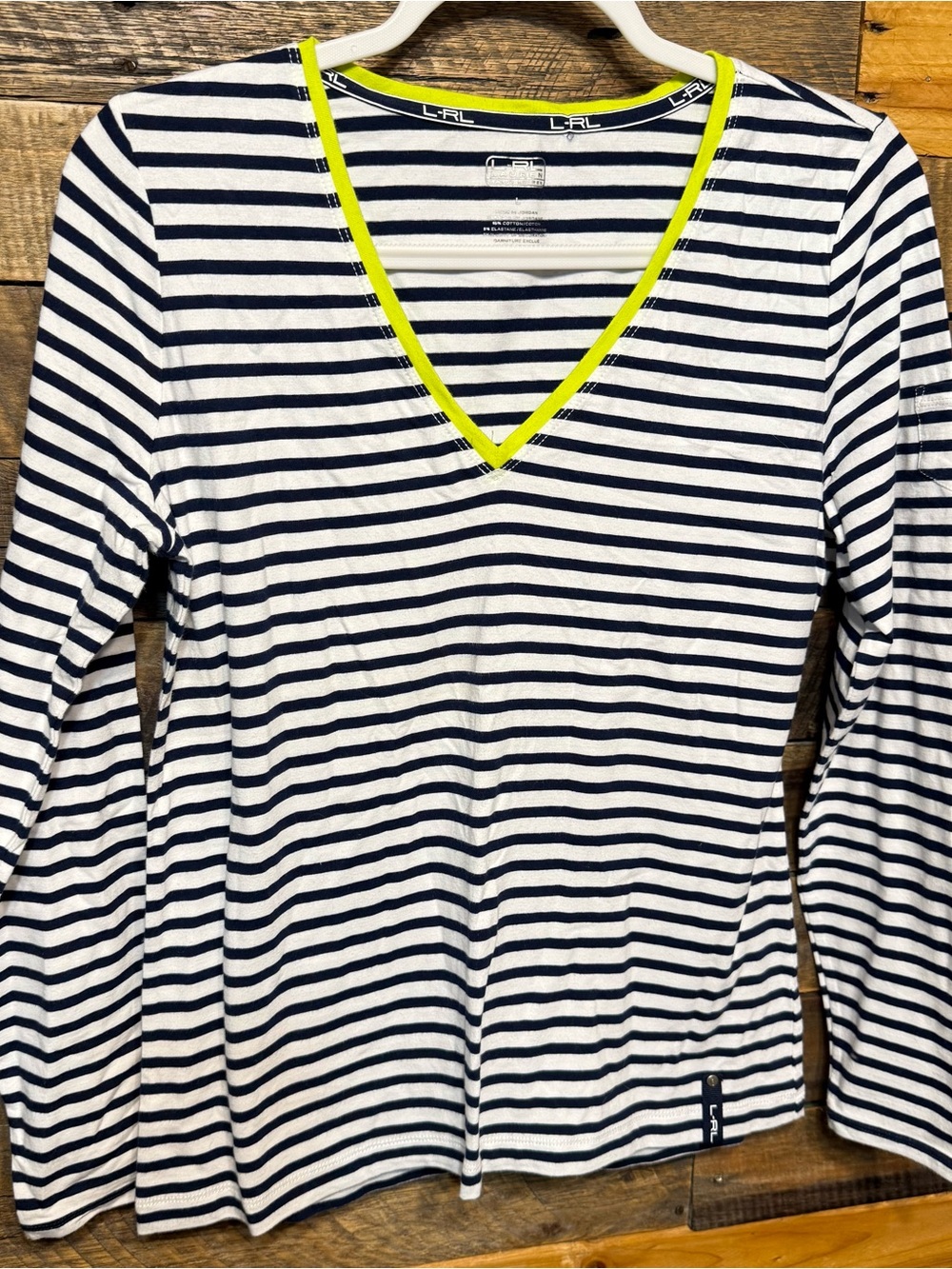Lauren Ralph Lauren Womens Large Blue White Striped Neon Green V Neck Shirt